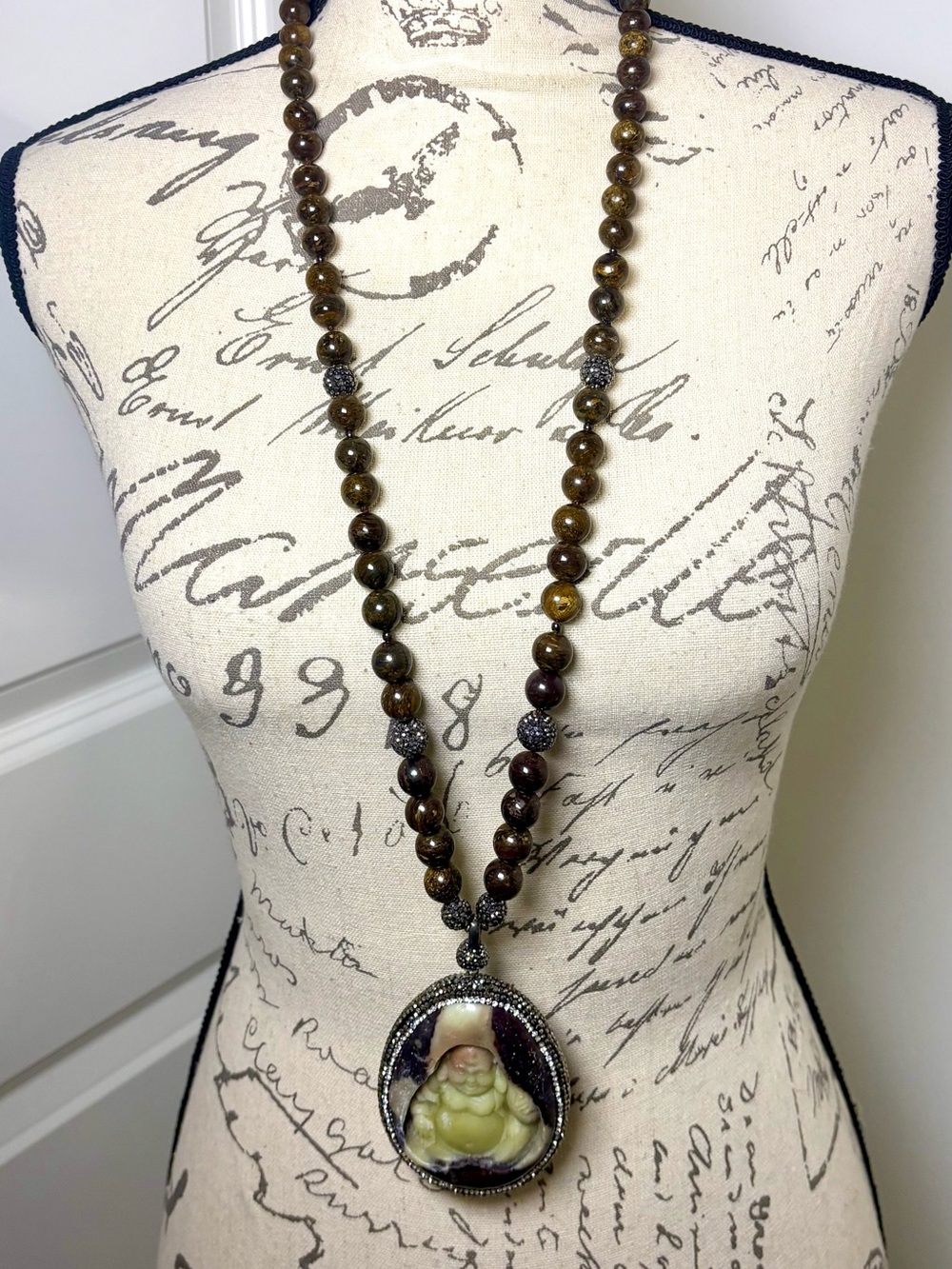 Luxury Statement Necklace: Hand-Carved Serpentine Buddha & Heavy Bronzite Beads